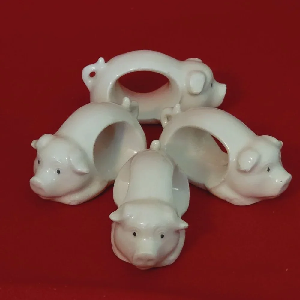 Vintage Napkin Holder Ring Pigs Porcelain White Piggy Napkin Rings Set of 4